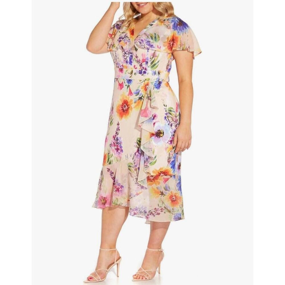 Adrianna Papell Women's Plus Size Multicolor Floral Ruffled Midi Dress NWOT18W